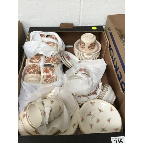 246 - 2 BOXES OF CHINA TO INCLUDE CHINA TEA SETS AND BOX OF GLASSWARE