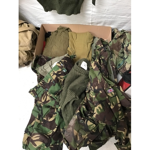 248 - 4 BOXES OF ARMY CLOTHING, BOOTS AND ACCESORIES AND 2 RUCKSACKS