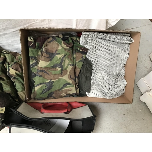 248 - 4 BOXES OF ARMY CLOTHING, BOOTS AND ACCESORIES AND 2 RUCKSACKS