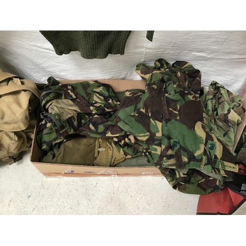 248 - 4 BOXES OF ARMY CLOTHING, BOOTS AND ACCESORIES AND 2 RUCKSACKS