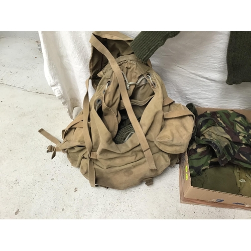 248 - 4 BOXES OF ARMY CLOTHING, BOOTS AND ACCESORIES AND 2 RUCKSACKS