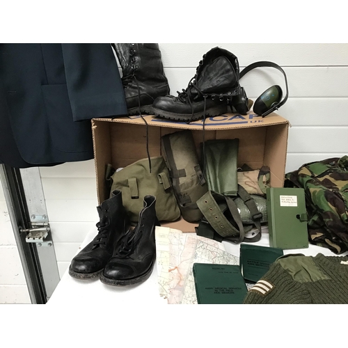 248 - 4 BOXES OF ARMY CLOTHING, BOOTS AND ACCESORIES AND 2 RUCKSACKS