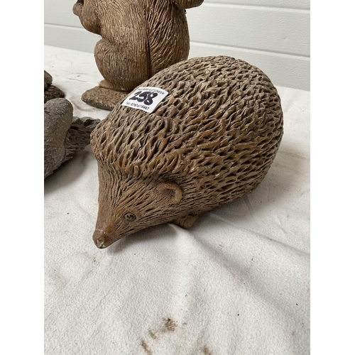 258 - 4 GARDEN ORNAMENTS - HEDGEHOG, TORTOISE, SQUIRREL AND WOODPECKER