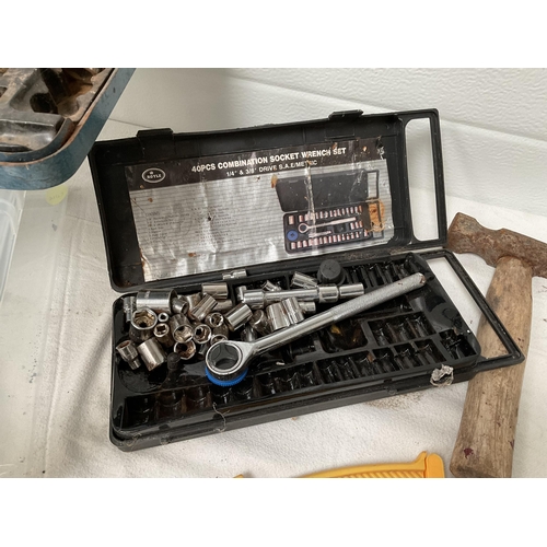 262 - CRATE OF TOOLS TO INCLUDE SOCKET SETS, SPANNERS, AND TIMER WATERING SYSTEM