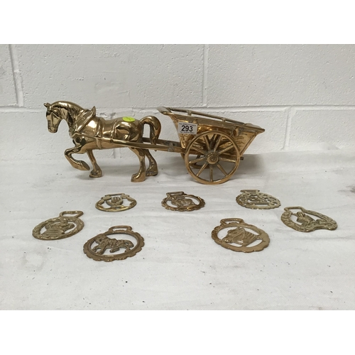 293 - BRASS HORSE & CART AND COLLECTION OF HORSE BRASSES