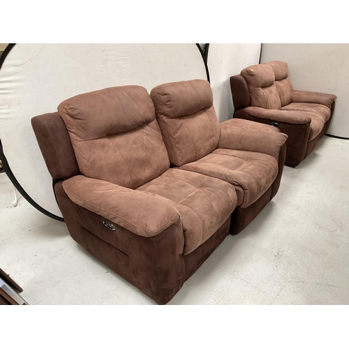 310 - PAIR OF BROWN SUEDE AND LEATHER 2 SEATER RECLINING SOFAS AND A MATCHING FOOTSTOOL