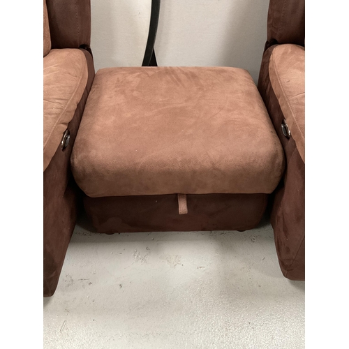 310 - PAIR OF BROWN SUEDE AND LEATHER 2 SEATER RECLINING SOFAS AND A MATCHING FOOTSTOOL