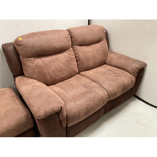 310 - PAIR OF BROWN SUEDE AND LEATHER 2 SEATER RECLINING SOFAS AND A MATCHING FOOTSTOOL