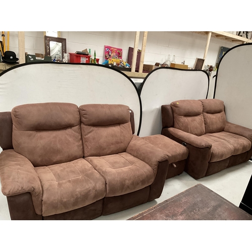 310 - PAIR OF BROWN SUEDE AND LEATHER 2 SEATER RECLINING SOFAS AND A MATCHING FOOTSTOOL