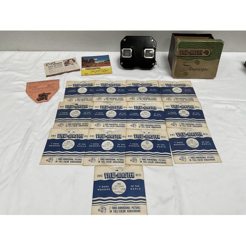 14 - VINTAGE VIEWMASTER STEREOSCOPE IN ORIGINAL BOX AND A TIN OF VINTAGE POSTCARDS ETC