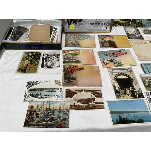 14 - VINTAGE VIEWMASTER STEREOSCOPE IN ORIGINAL BOX AND A TIN OF VINTAGE POSTCARDS ETC
