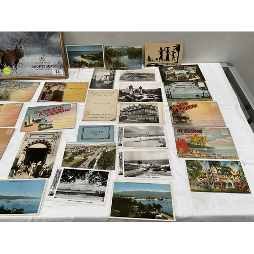 14 - VINTAGE VIEWMASTER STEREOSCOPE IN ORIGINAL BOX AND A TIN OF VINTAGE POSTCARDS ETC
