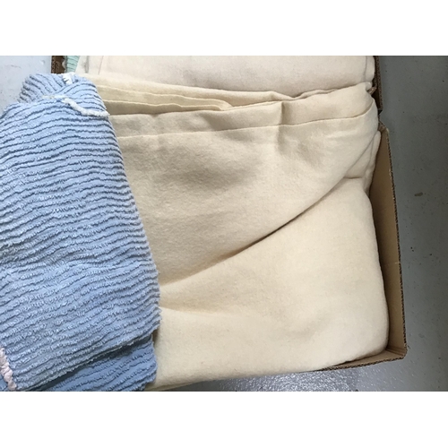 62 - 4 BOXES OF VINTAGE BLANKETS CANDLEWICK BEADSPRESD ETC