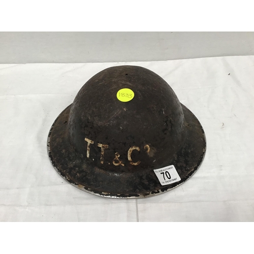 70 - VINTAGE TIN HELMET CARRYING TT AND CO