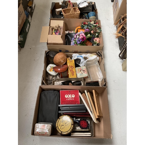 79 - 4 BOXES OF ODDS TO INCLUDE ADVERTISING TINS, SEWING ITEMS ETC