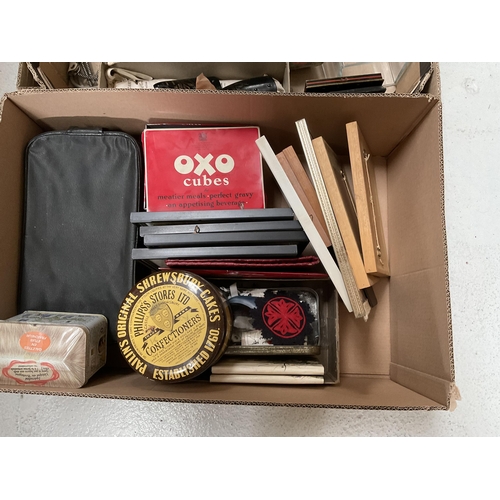 79 - 4 BOXES OF ODDS TO INCLUDE ADVERTISING TINS, SEWING ITEMS ETC