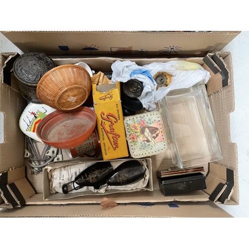 79 - 4 BOXES OF ODDS TO INCLUDE ADVERTISING TINS, SEWING ITEMS ETC