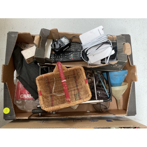 79 - 4 BOXES OF ODDS TO INCLUDE ADVERTISING TINS, SEWING ITEMS ETC