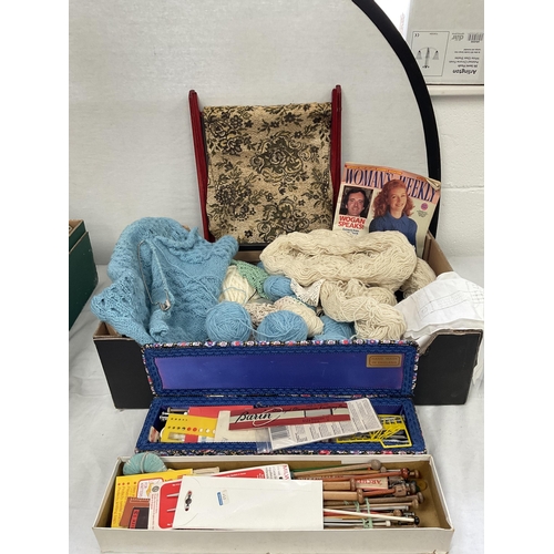 81 - VINTAGE OAK SEWING BOX AND CONTENTS AND 4 BOXES OF SEWING ITEMS