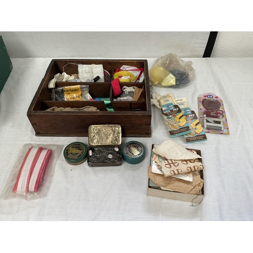 81 - VINTAGE OAK SEWING BOX AND CONTENTS AND 4 BOXES OF SEWING ITEMS