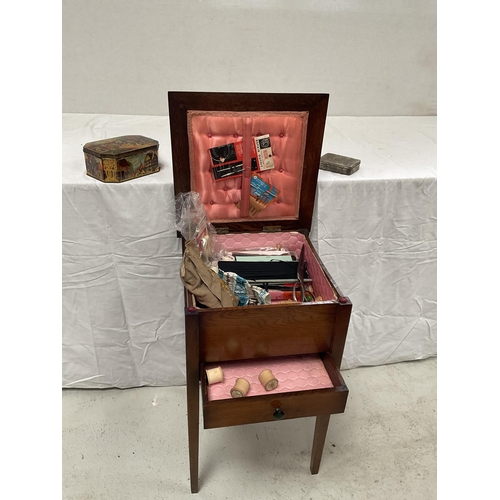 81 - VINTAGE OAK SEWING BOX AND CONTENTS AND 4 BOXES OF SEWING ITEMS
