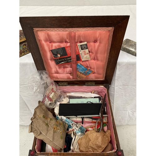 81 - VINTAGE OAK SEWING BOX AND CONTENTS AND 4 BOXES OF SEWING ITEMS