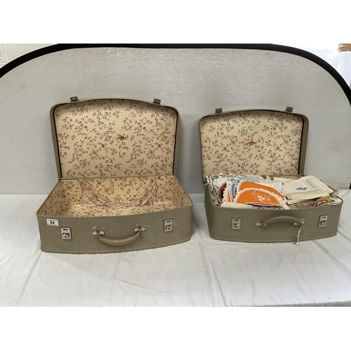 84 - 2 VINTAGE SUITCASES AND VINTAGE LINEN AND LACE