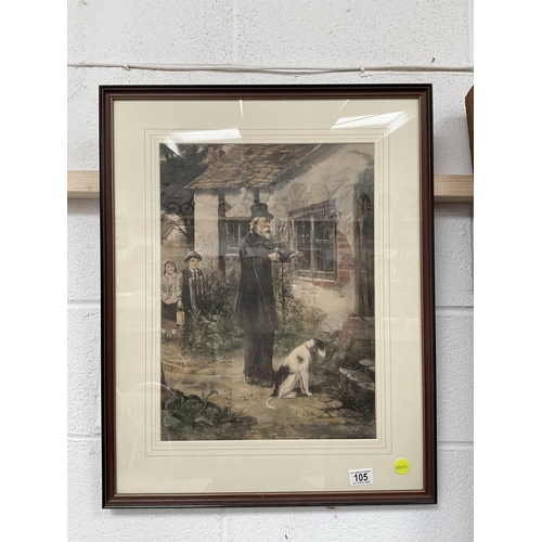 105 - REPRODUCTION FRAMED PRINT THE VIOLINIST AND HIS DOG 21 X 27
