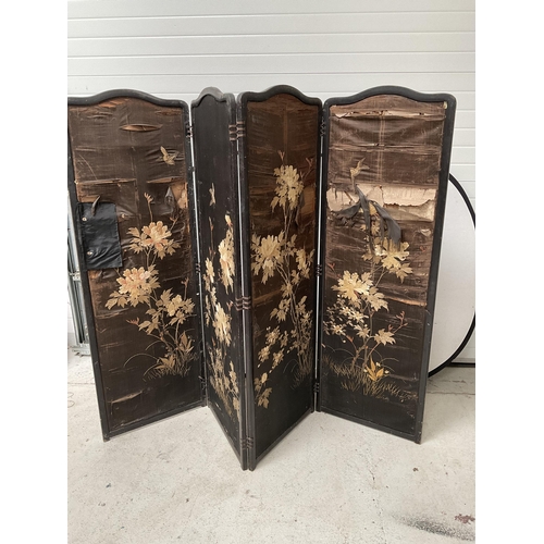 107 - VINTAGE 4 FOLD DRESSING SCREEN WITH SILK WORK PANNELS A/F W 92