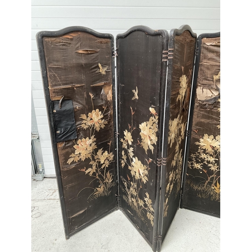 107 - VINTAGE 4 FOLD DRESSING SCREEN WITH SILK WORK PANNELS A/F W 92