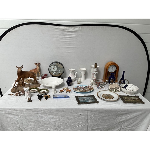 112 - BOX OF CHINA ETC TO INCLUDE 2 MODERN CLOCKS AYNSLEY ETC