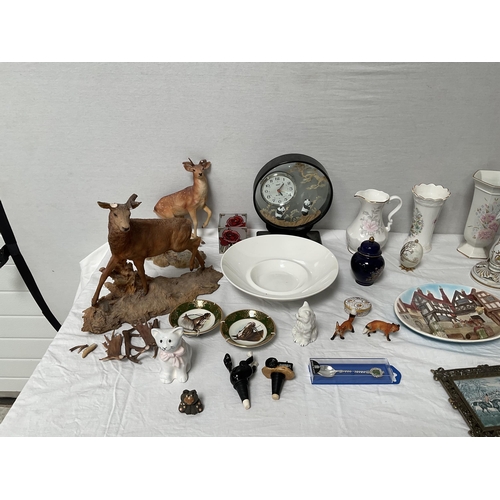 112 - BOX OF CHINA ETC TO INCLUDE 2 MODERN CLOCKS AYNSLEY ETC