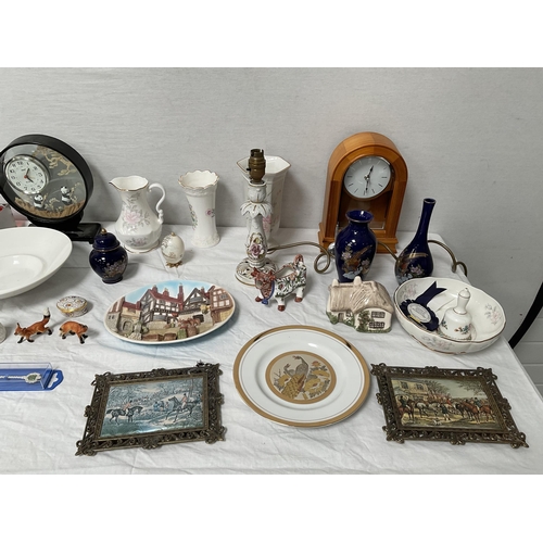 112 - BOX OF CHINA ETC TO INCLUDE 2 MODERN CLOCKS AYNSLEY ETC