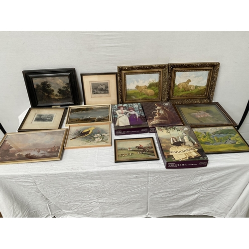 116 - BOX OF PICTURES AND JIGSAW PUZZLES TO INCLUDE OILS ON CANVAS ETC