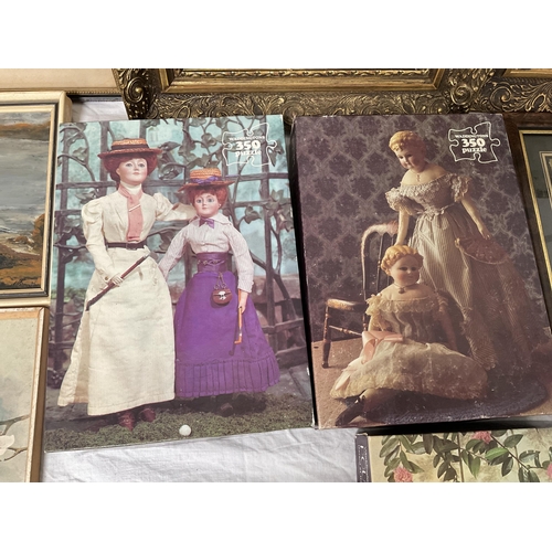 116 - BOX OF PICTURES AND JIGSAW PUZZLES TO INCLUDE OILS ON CANVAS ETC
