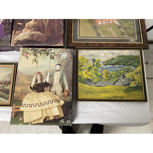 116 - BOX OF PICTURES AND JIGSAW PUZZLES TO INCLUDE OILS ON CANVAS ETC