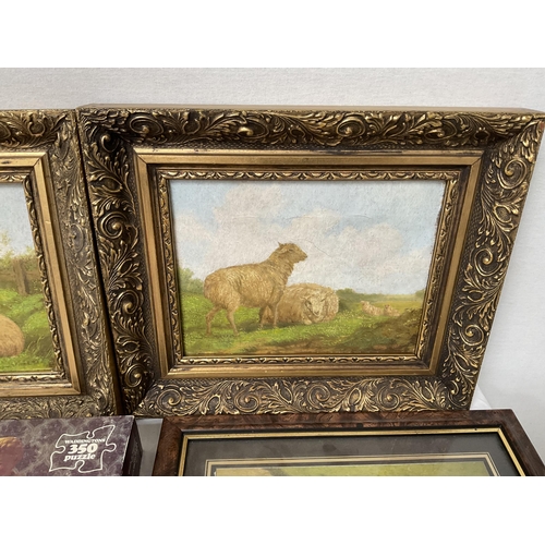 116 - BOX OF PICTURES AND JIGSAW PUZZLES TO INCLUDE OILS ON CANVAS ETC