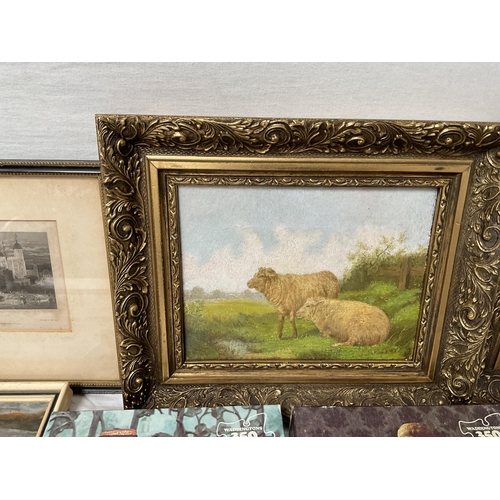 116 - BOX OF PICTURES AND JIGSAW PUZZLES TO INCLUDE OILS ON CANVAS ETC