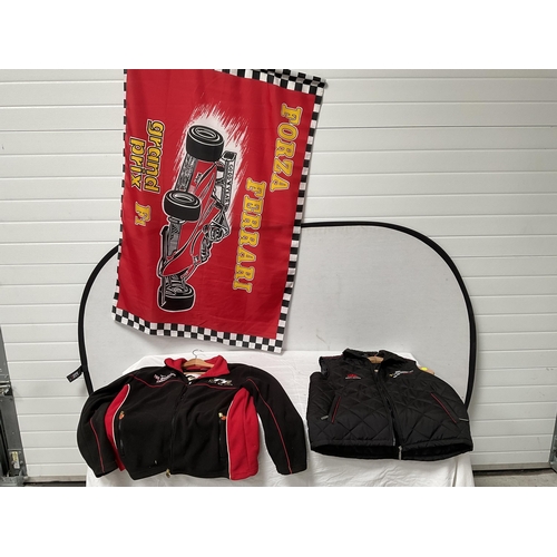 120 - TT ROAD RACING WAISTCOAT AND TT ISLE OF MAN JACKET AND  F 1 FLAG