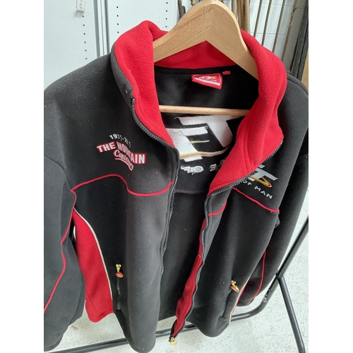 120 - TT ROAD RACING WAISTCOAT AND TT ISLE OF MAN JACKET AND  F 1 FLAG