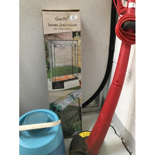 3 - QTY OF GARDEN ITEMS TO INCLUDE A TOMATO GREENHOUSE AN ELECTRIC GARDEN STRIMMER, RAKE, GARDEN SPRAYER... 