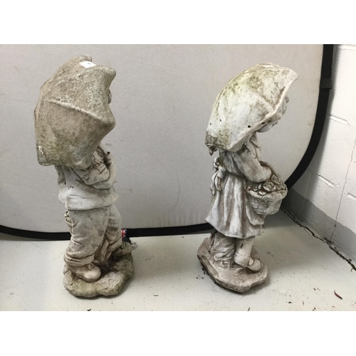 4 - PAIR OF GARDEN  STATUES WITH BASKET AND UMBRELLA
H 25