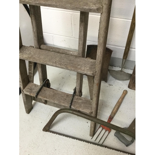 8 - VINTAGE FOLDING LADDER AND GARDEN TOOLS