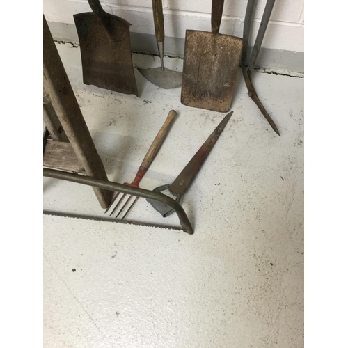 8 - VINTAGE FOLDING LADDER AND GARDEN TOOLS