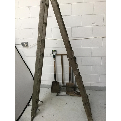 8 - VINTAGE FOLDING LADDER AND GARDEN TOOLS