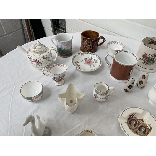 60 - 2 BOXES OF CHINA TO INCLUDE JARDINIERES, COMMERATIVE MUGS, BEAKERS ETC