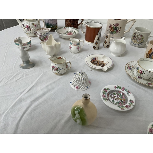 60 - 2 BOXES OF CHINA TO INCLUDE JARDINIERES, COMMERATIVE MUGS, BEAKERS ETC