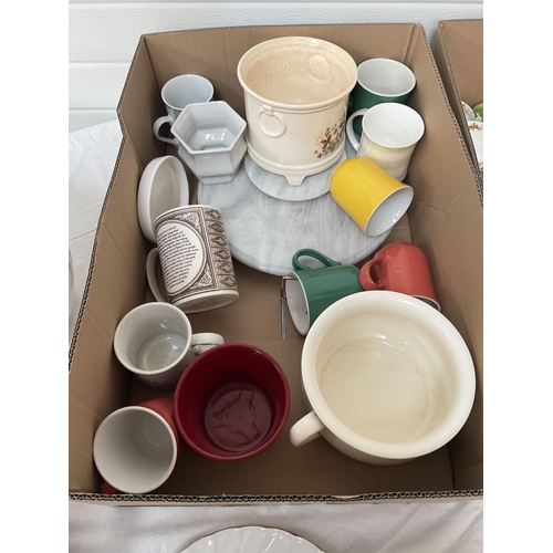 60 - 2 BOXES OF CHINA TO INCLUDE JARDINIERES, COMMERATIVE MUGS, BEAKERS ETC