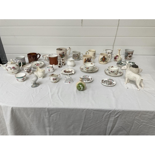 60 - 2 BOXES OF CHINA TO INCLUDE JARDINIERES, COMMERATIVE MUGS, BEAKERS ETC