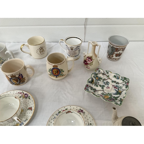 60 - 2 BOXES OF CHINA TO INCLUDE JARDINIERES, COMMERATIVE MUGS, BEAKERS ETC